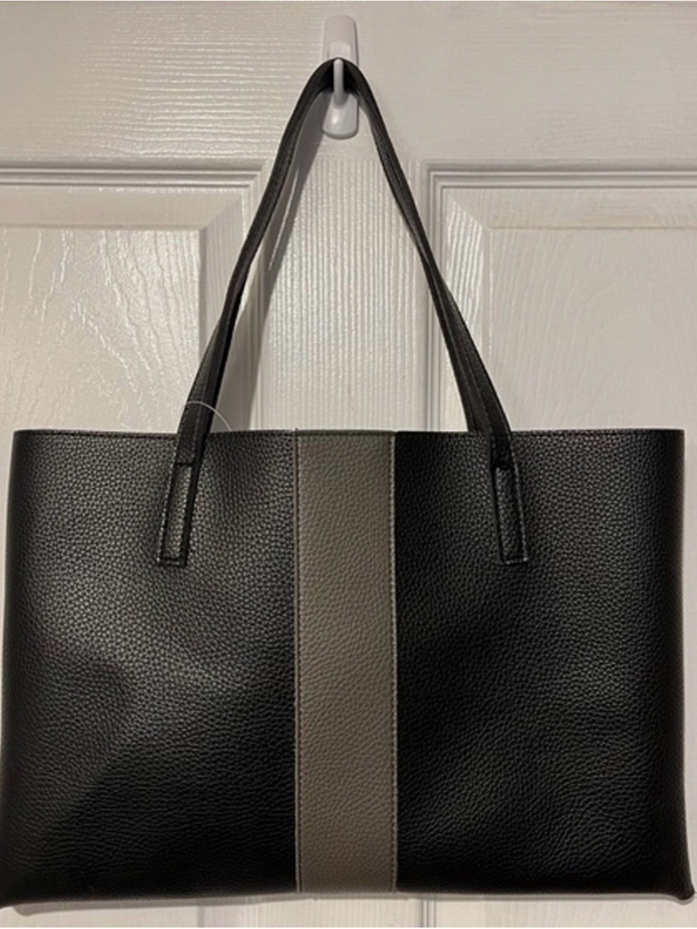 Vince Camuto Vegan Leather Black Tote with Gray Center Stripe Accent